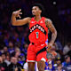 Toronto Raptors guard Armoni Brooks (1) reacts after scoring a three point shot in the fourth quarter against the Philadelphia 76ers at Wells Fargo Center.